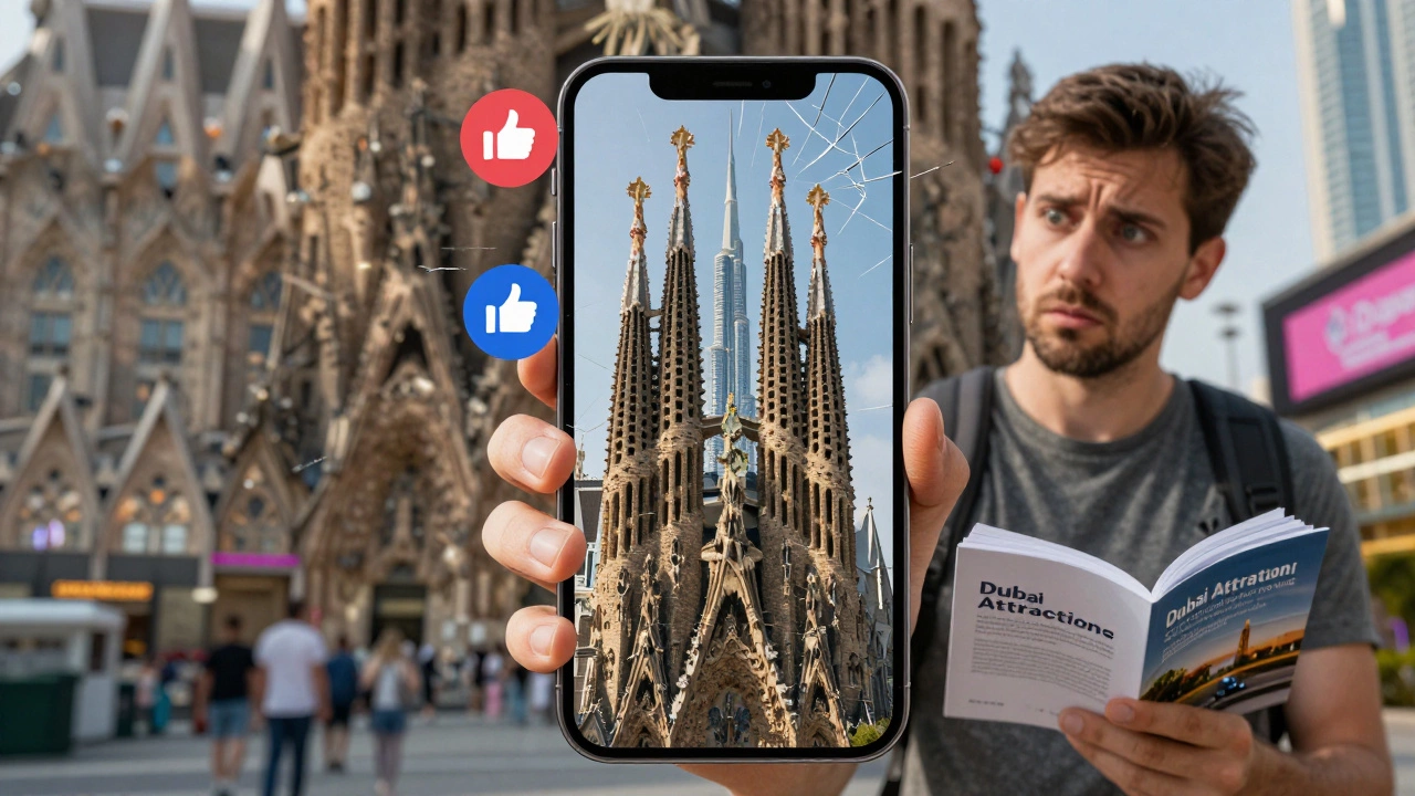 A smartphone shows a false image of Sagrada Familia in Dubai, with social media icons floating nearby.