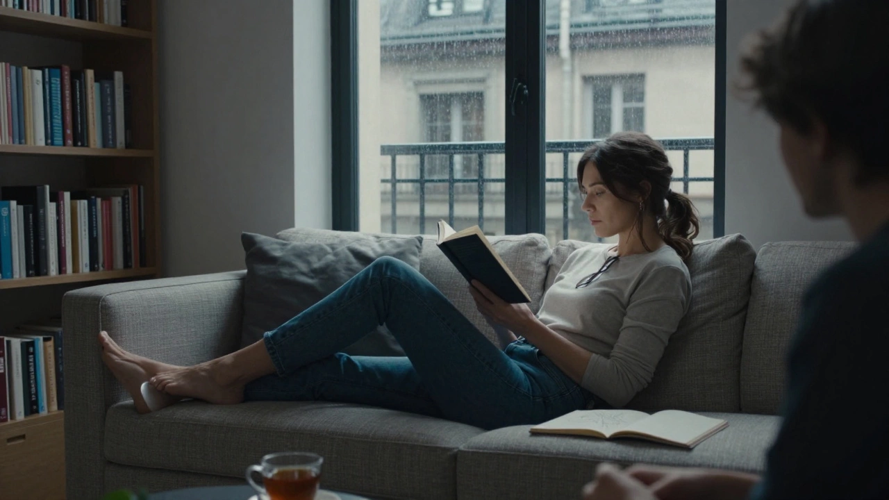 A woman reading a novel to a guest in a softly lit Paris apartment with bookshelves and rain on the window.