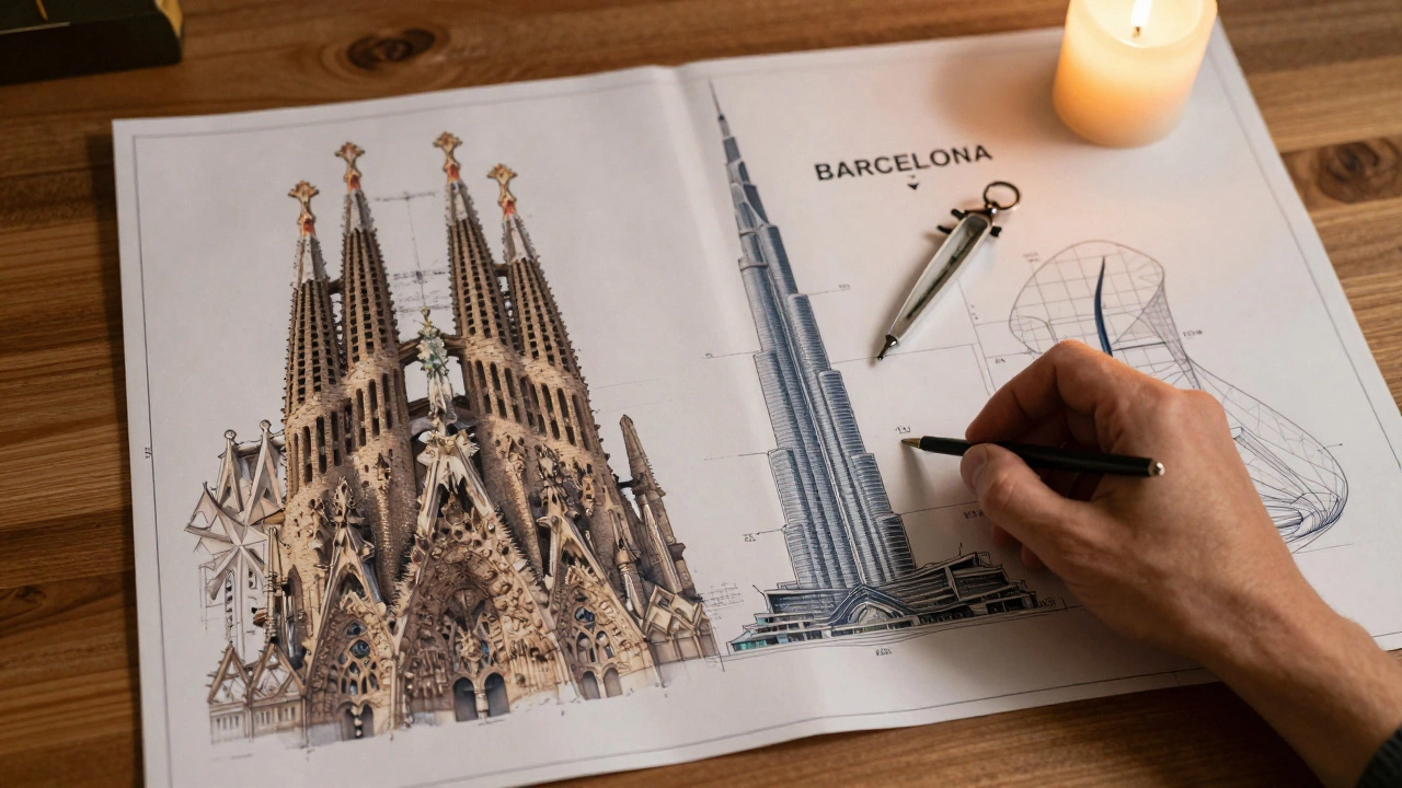 Two architectural blueprints side by side: Gaudí&#039;s organic designs and Dubai&#039;s modern towers, lit by candlelight.